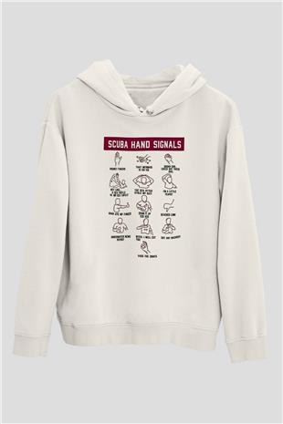 Dalgıçlık Baskılı Unisex Ekru Hoodie