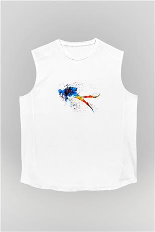 Dalgıçlık Baskılı Unisex Kolsuz Beyaz Tişört