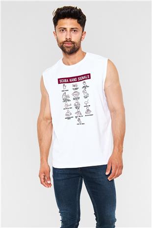 Dalgıçlık Baskılı Unisex Kolsuz Beyaz Tişört