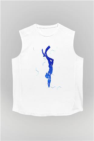 Dalgıçlık Baskılı Unisex Kolsuz Beyaz Tişört