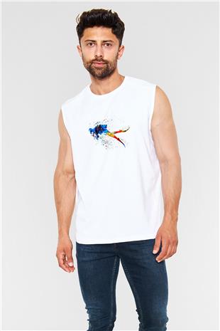 Dalgıçlık Baskılı Unisex Kolsuz Beyaz Tişört