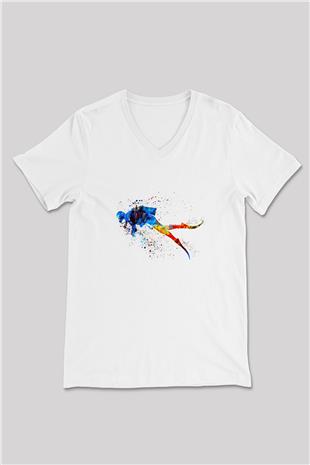 Dalgıçlık Baskılı Unisex V Yaka Tişört - Tshirt