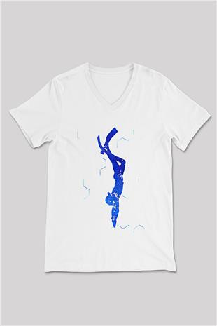 Dalgıçlık Baskılı Unisex V Yaka Tişört - Tshirt