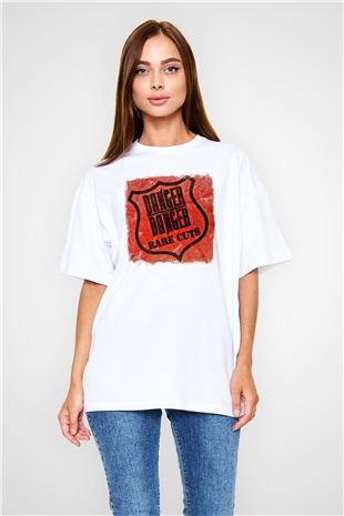 Danger Danger Baskılı Unisex Beyaz Oversize Tişört