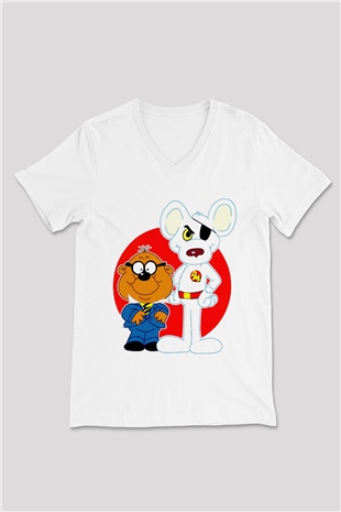 Danger Mouse Beyaz Unisex  V Yaka Tişört