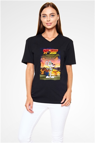 Danger Mouse Siyah Unisex  V Yaka Tişört