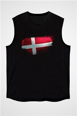 Danimarka - Denmark Bayrağı Baskılı Unisex Siyah Kolsuz Tişört