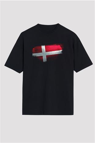 Danimarka - Denmark Bayrağı Baskılı Unisex Siyah Oversize Tişört