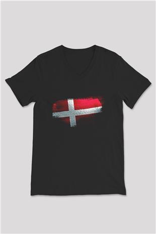 Danimarka - Denmark Bayrağı Baskılı Unisex Siyah V Yaka Tişört
