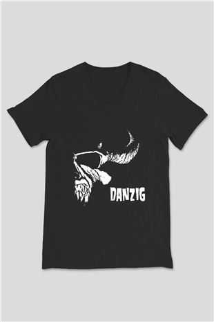 Danzig Baskılı Unisex Siyah V Yaka Tişört