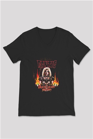 Danzig Baskılı Unisex Siyah V Yaka Tişört