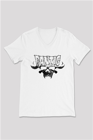 Danzig Beyaz Unisex V Yaka Tişört T-Shirt