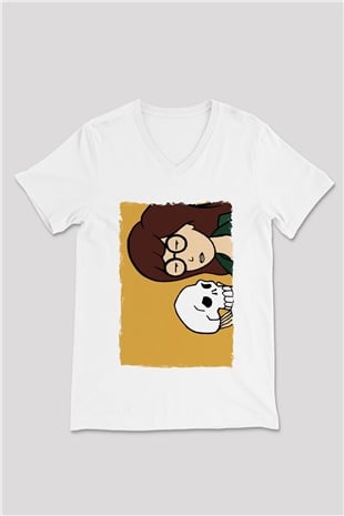 Daria Beyaz Unisex V Yaka Tişört
