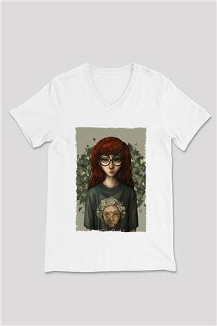 Daria Beyaz Unisex V Yaka Tişört T-Shirt