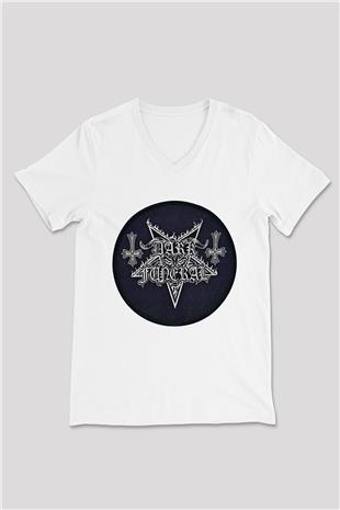 Dark Funeral Baskılı Beyaz Unisex V Yaka Tişört - Tshirt