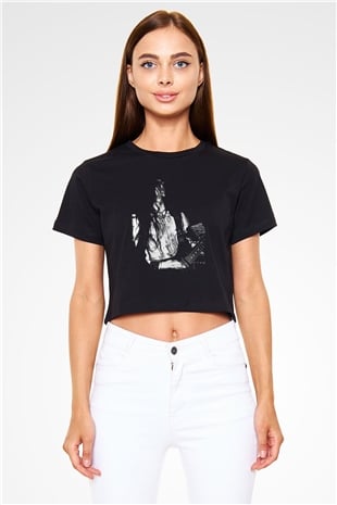 Dark Funeral Baskılı Siyah Crop Top Kadın Tişört - Tshirt