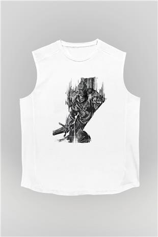 Dark Souls Baskılı Beyaz Unisex Kolsuz Tişört - Tshirt