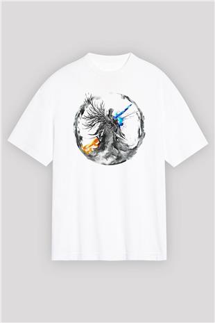 Dark Souls Baskılı Beyaz Unisex Oversize Tişört - Tshirt