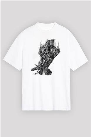 Dark Souls Baskılı Beyaz Unisex Oversize Tişört - Tshirt