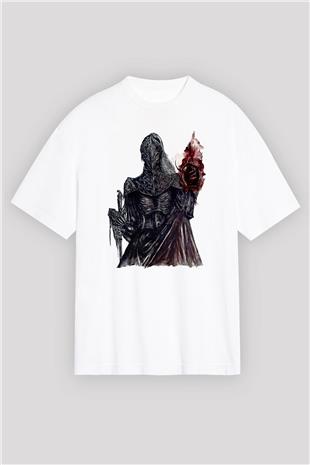 Dark Souls Baskılı Beyaz Unisex Oversize Tişört - Tshirt