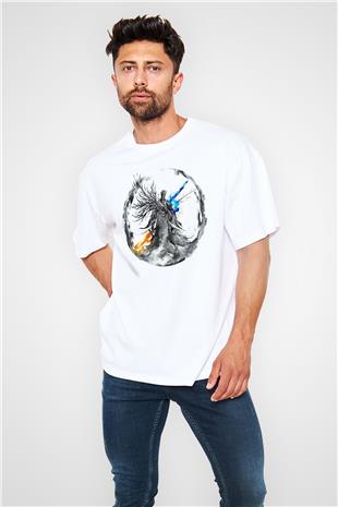 Dark Souls Baskılı Beyaz Unisex Oversize Tişört - Tshirt