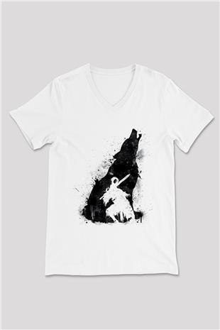 Dark Souls Baskılı Beyaz Unisex V Yaka Tişört - Tshirt