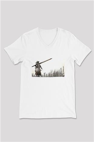 Dark Souls Baskılı Beyaz Unisex V Yaka Tişört - Tshirt