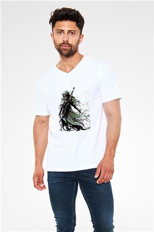 Dark Souls Baskılı Beyaz Unisex V Yaka Tişört - Tshirt