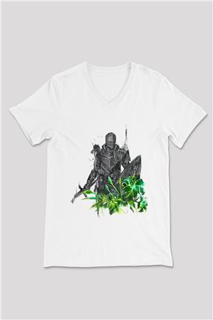 Dark Souls Baskılı Beyaz Unisex V Yaka Tişört - Tshirt
