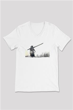 Dark Souls Baskılı Beyaz Unisex V Yaka Tişört - Tshirt