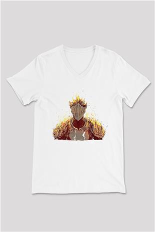 Dark Souls Baskılı Beyaz Unisex V Yaka Tişört - Tshirt