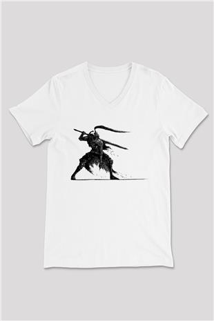 Dark Souls Baskılı Beyaz Unisex V Yaka Tişört - Tshirt