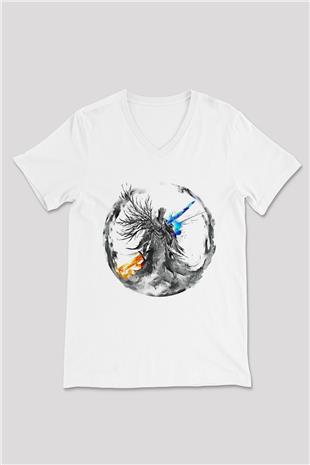 Dark Souls Baskılı Beyaz Unisex V Yaka Tişört - Tshirt