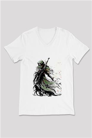 Dark Souls Baskılı Beyaz Unisex V Yaka Tişört - Tshirt