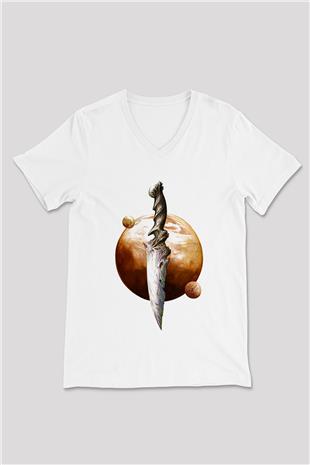 Dark Souls Baskılı Beyaz Unisex V Yaka Tişört - Tshirt