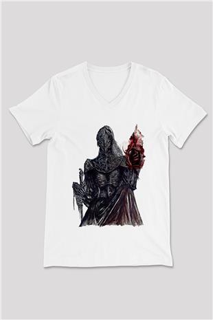 Dark Souls Baskılı Beyaz Unisex V Yaka Tişört - Tshirt