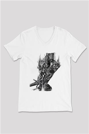 Dark Souls Baskılı Beyaz Unisex V Yaka Tişört - Tshirt