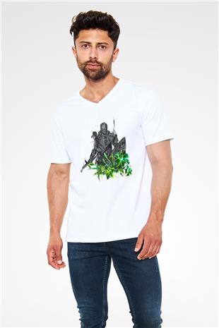 Dark Souls Baskılı Beyaz Unisex V Yaka Tişört - Tshirt