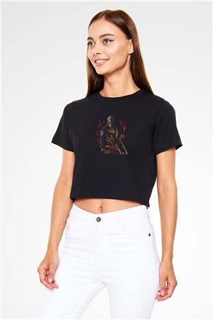 Dark Souls Baskılı Siyah Crop Top Kadın Tişört - Tshirt