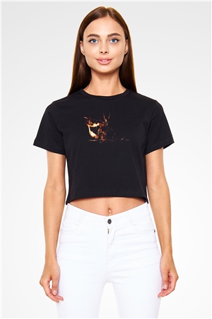 Dark Souls Baskılı Siyah Crop Top Kadın Tişört - Tshirt