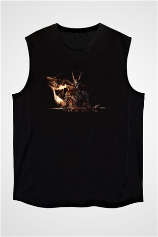Dark Souls Baskılı Unisex Siyah Kolsuz Tişört - Tshirt