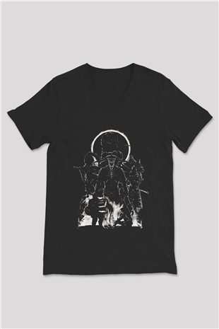 Dark Souls Baskılı Unisex Siyah V Yaka Tişört - Tshirt