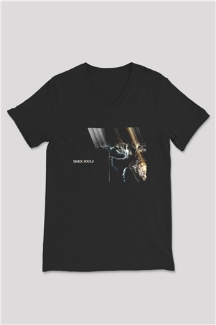 Dark Souls Baskılı Unisex Siyah V Yaka Tişört - Tshirt