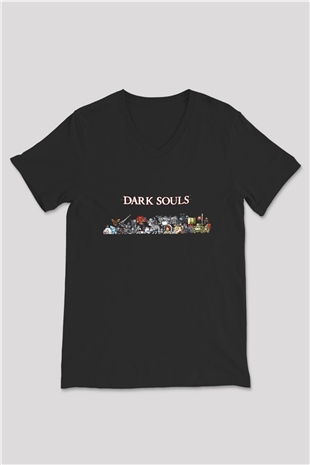 Dark Souls Baskılı Unisex Siyah V Yaka Tişört - Tshirt