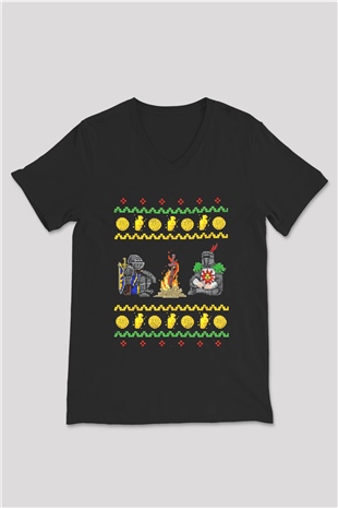 Dark Souls Baskılı Unisex Siyah V Yaka Tişört - Tshirt