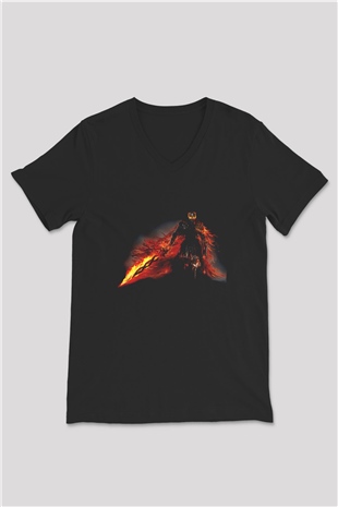 Dark Souls Baskılı Unisex Siyah V Yaka Tişört - Tshirt