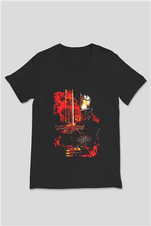Dark Souls Baskılı Unisex Siyah V Yaka Tişört - Tshirt
