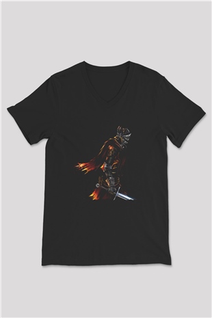Dark Souls Baskılı Unisex Siyah V Yaka Tişört - Tshirt