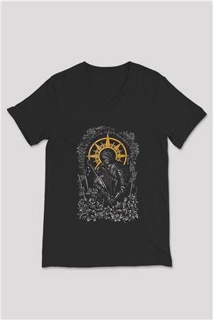 Dark Souls Baskılı Unisex Siyah V Yaka Tişört - Tshirt