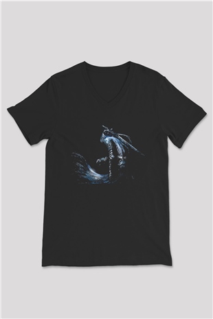 Dark Souls Baskılı Unisex Siyah V Yaka Tişört - Tshirt